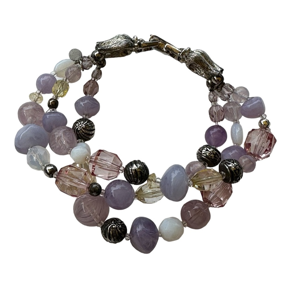 Vtg Oscar De La Renta Silver Tone 3 Strand Lavender Pink Beaded Flower Bracelet
